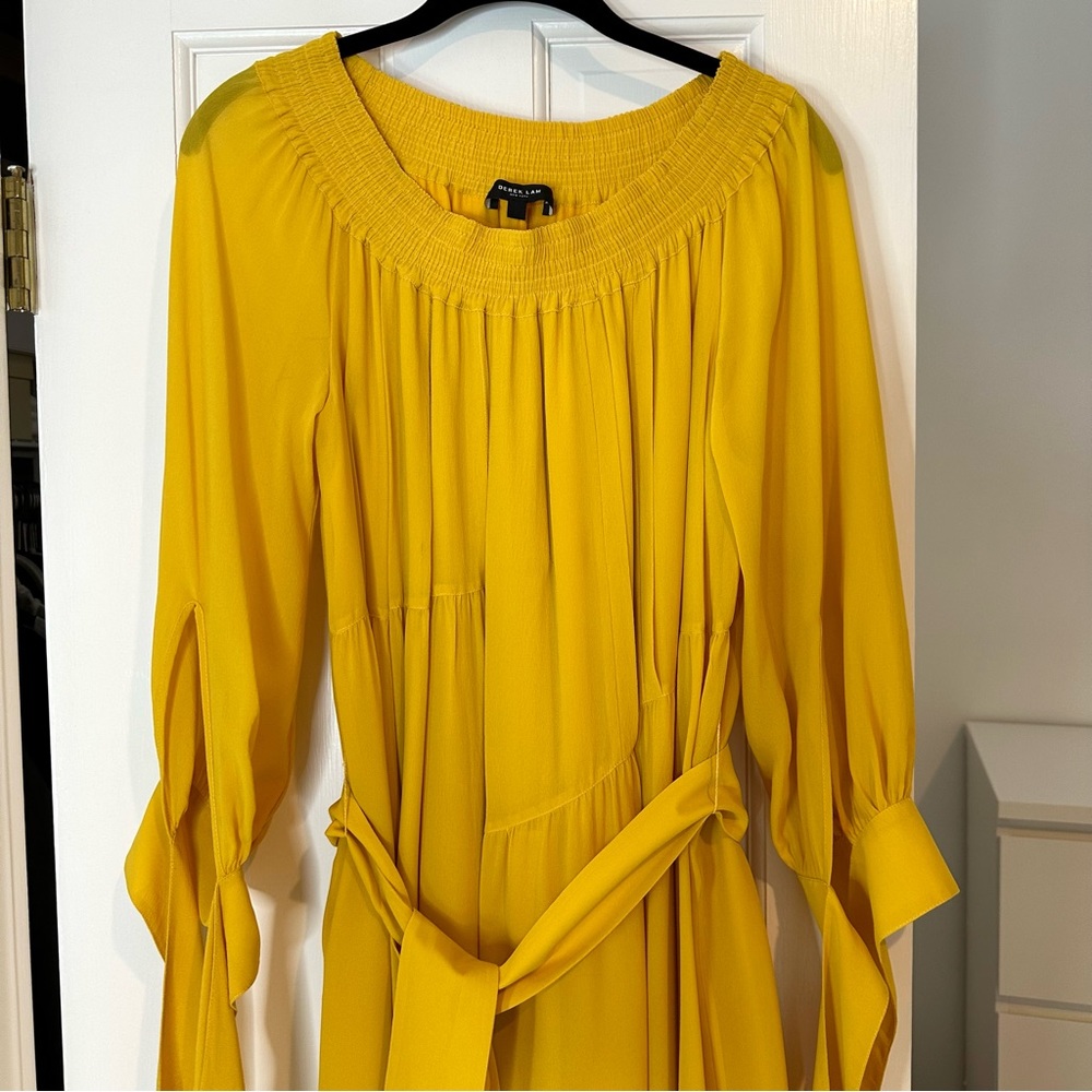Derek Lam Yellow Silk Georgette Off the Shoulder Belted Dress Size 4 - Picture 5 of 10
